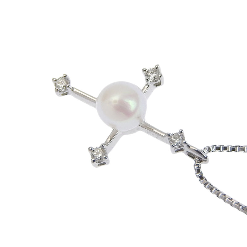 [TASAKI] Tasaki Cross 4.8mm K18 White Gold x Pearl x Diamond Silver D0.05 Engraved Ladies Necklace A+Rank