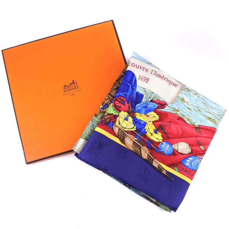 [Hermes] Hermes Care 90 Christophe Colomb Decouvre Scarf Silk Blue/Red/Ladies/Yellow Ladies Scarf S Rank