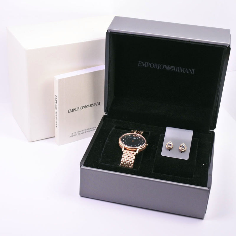 【ARMANI】エンポリオ・アルマーニ
 腕時計
 ピアスセット AR-80043 ステンレススチール ピンクゴールド クオーツ ブラックシェル文字盤 レディースA+ランク