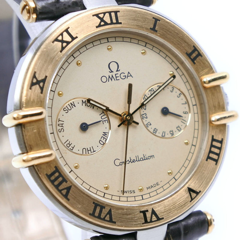 【OMEGA】オメガ
 コンステレーション デイデイト ステンレススチール×金メッキ×レザー 茶 クオーツ アナログ表示 メンズ ベージュ文字盤 腕時計