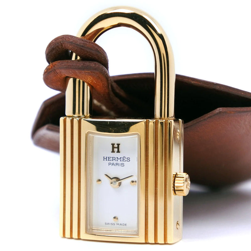[HERMES] Hermes Kelly Crochet KE2.201.170 Gold plating × Leather Gold □ G engraved Quartz Analog Ladies White Dial Watch A-Rank