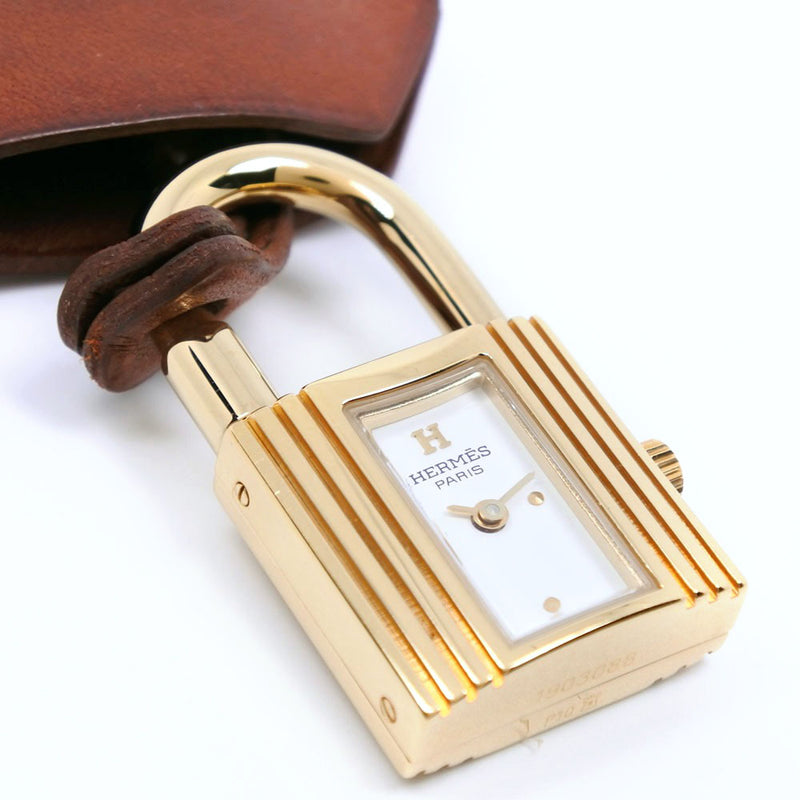 [HERMES] Hermes Kelly Crochet KE2.201.170 Gold plating × Leather Gold □ G engraved Quartz Analog Ladies White Dial Watch A-Rank