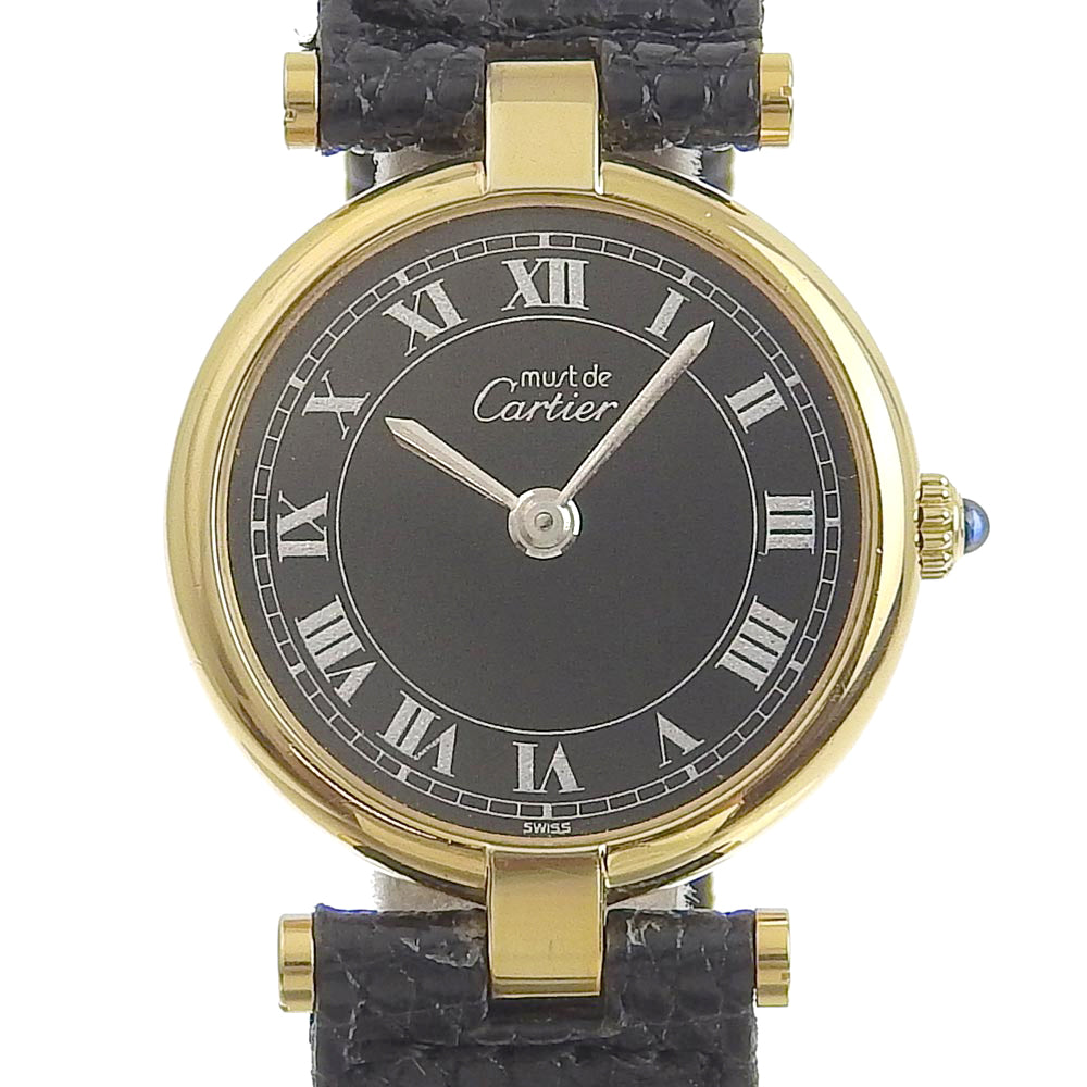 【CARTIER】カルティエ, マストヴァンドーム シルバー925×レザー ゴールド クオーツ アナログ表示 レディース 黒文字盤 腕時計