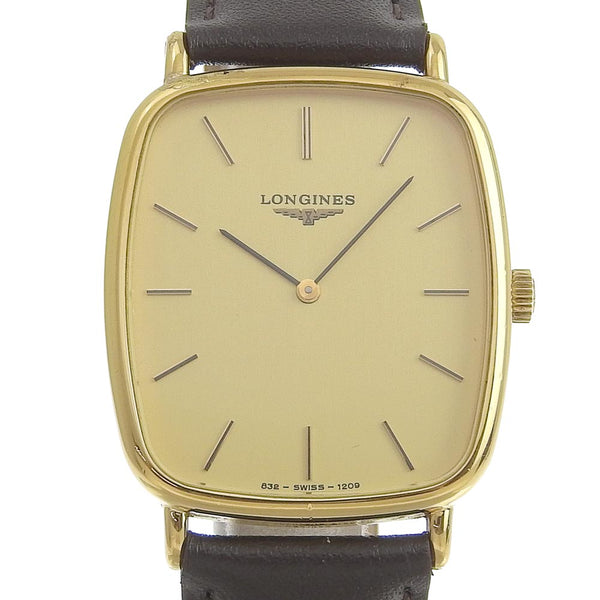 [Longines] Longine stainless steel x gold plating x leather hand-wound analog display men's gold dial A-rank