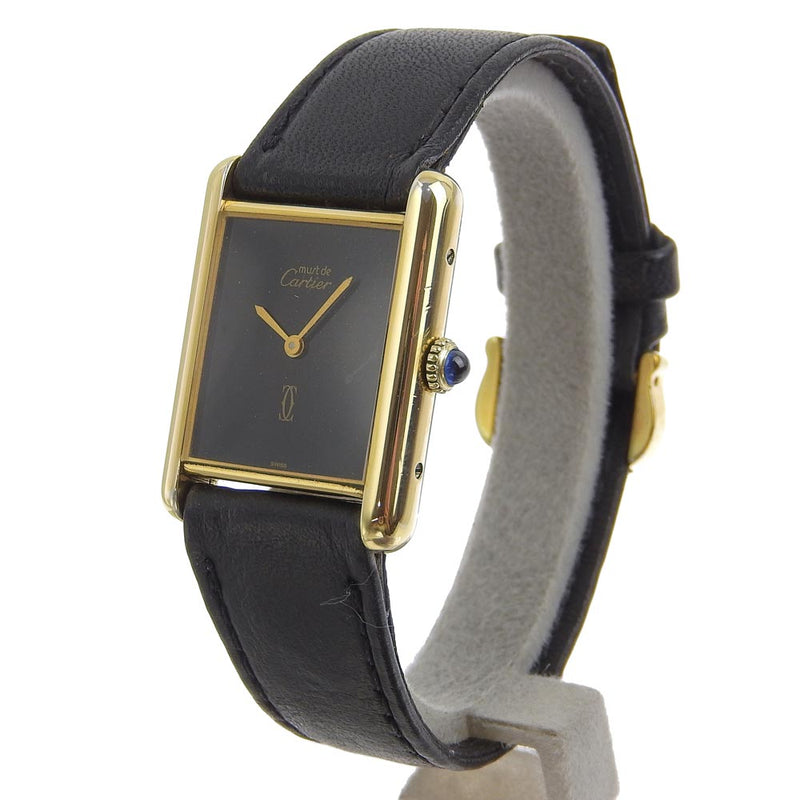 【CARTIER】カルティエ
 マストタンク シルバー925×レザー ゴールド 手巻き アナログ表示 ボーイズ 黒文字盤 腕時計