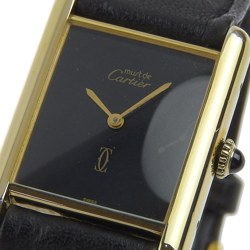 [Cartier] Cartier Mast Tank Silver 925 x Leather Gold Handwritten Analog Load Boys Black Dial Watch