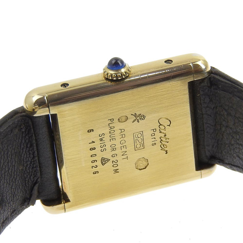 【CARTIER】カルティエ
 マストタンク シルバー925×レザー ゴールド 手巻き アナログ表示 ボーイズ 黒文字盤 腕時計