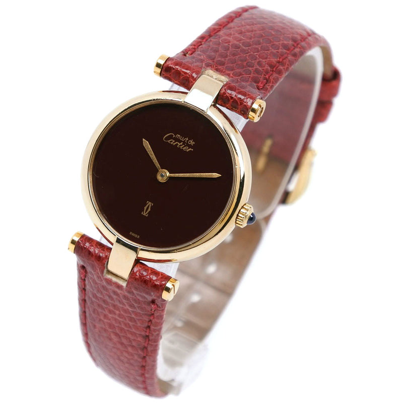 [Cartier] Cartier Mast Vandome Silver 925 x Leather Gold Quartz Analog Ladies Red Dial Watch