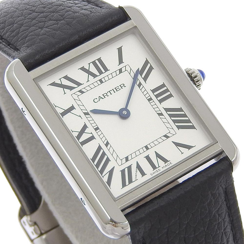 [Cartier] Cartier Tank Solo LM WSTA0028 Stainless Steel x Leather Black Quartz Analog L display Men White Dial Watch A Rank