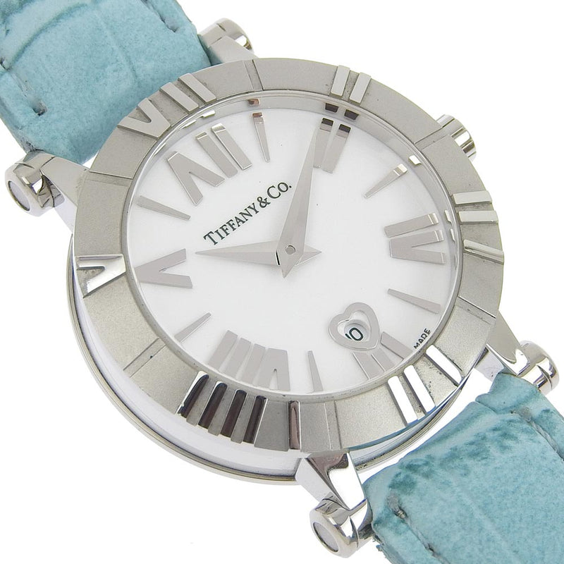 [TIFFANY & CO.] Tiffany Atlas Z1300.11.11a31A41a Stainless steel x Leather light blue quartz analog display Boys White Dial Dial Watch A Rank