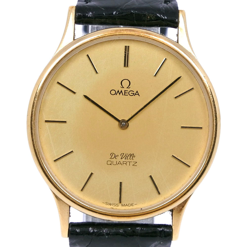【OMEGA】オメガ, デビル/デヴィル 金メッキ×レザー 黒 クオーツ アナログ表示 メンズ ゴールド文字盤 腕時計