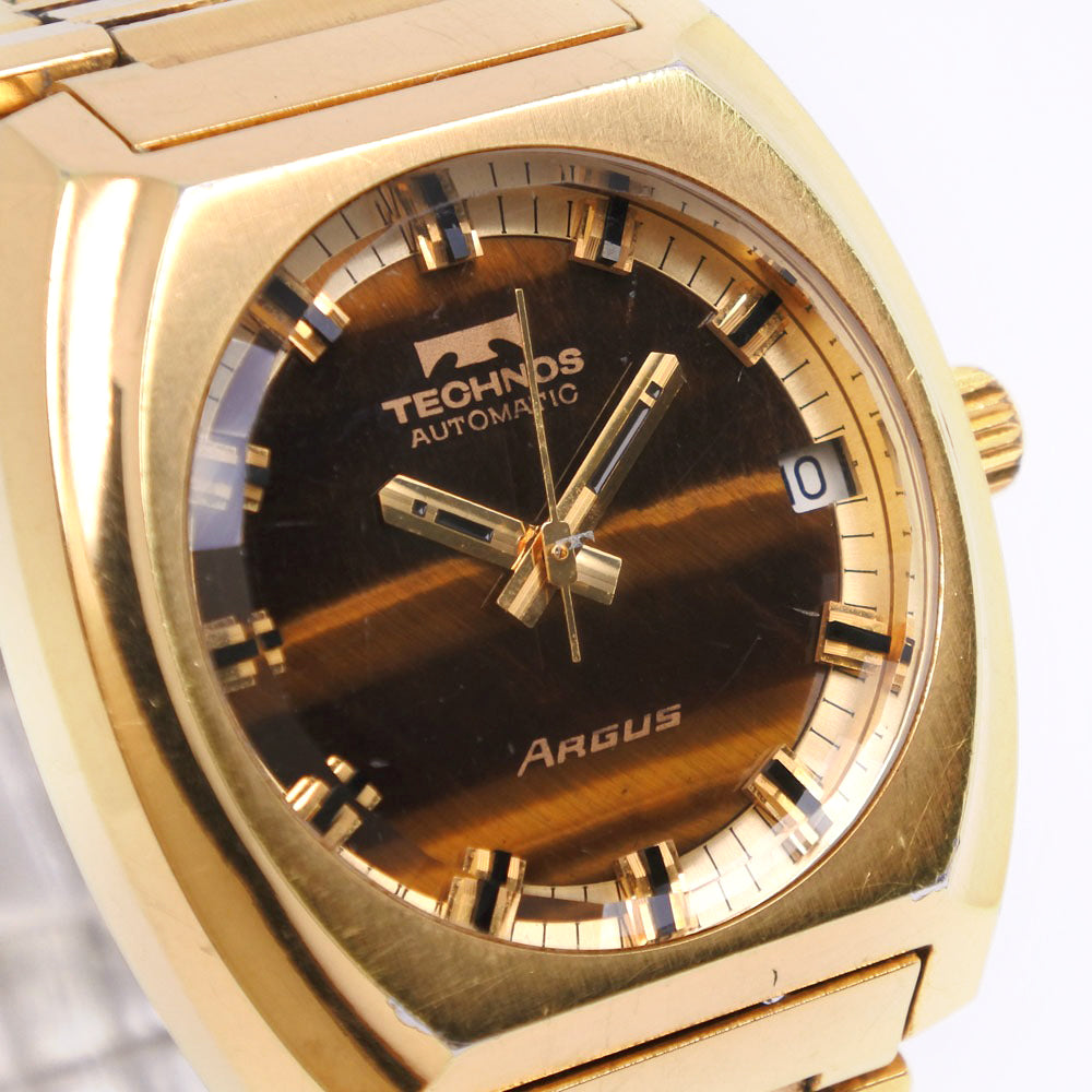 TECHNOS】テクノス 金メッキ ゴールド 自動巻き メンズ ブラウン文字盤