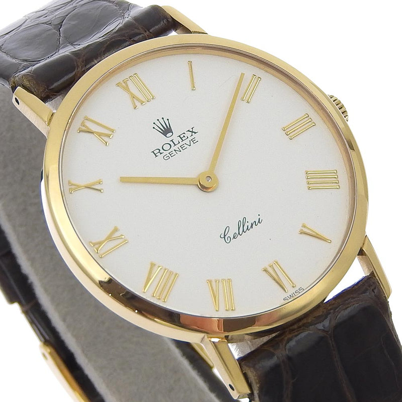 [ROLEX] Rolex Cherini Cal.1602 4112 K18 Yellow Gold x Leather Gold Handwriting Men's White Dial Watch A-Rank