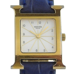 【HERMES】エルメス
 Hウォッチ HH1.201 金メッキ×レザー 茶 クオーツ アナログ表示 レディース 白文字盤 腕時計