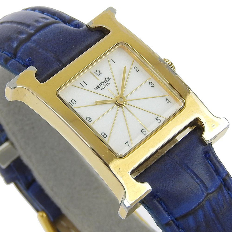 【HERMES】エルメス
 Hウォッチ HH1.201 金メッキ×レザー 茶 クオーツ アナログ表示 レディース 白文字盤 腕時計