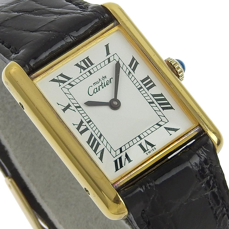 【CARTIER】カルティエ
 マストタンクヴェルメイユ シルバー925×レザー 黒 手巻き アナログ表示 メンズ 白文字盤 腕時計