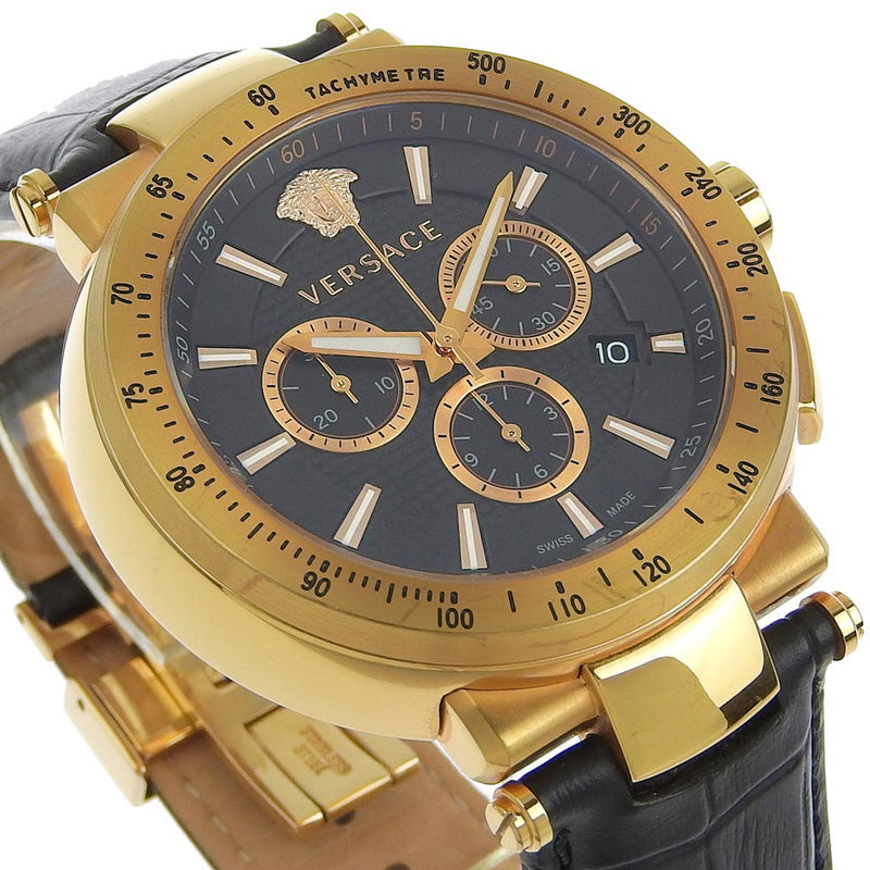 [VERSACE] Versace Mistic Sports VFG111510490479 Stainless Steel x Leather Gold Quartz Chronograph Men Black Dial Watch A-Rank