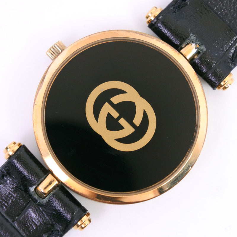 【GUCCI】グッチ
 腕時計
 ステンレススチール×レザー ゴールド クオーツ メンズ 黒文字盤 腕時計