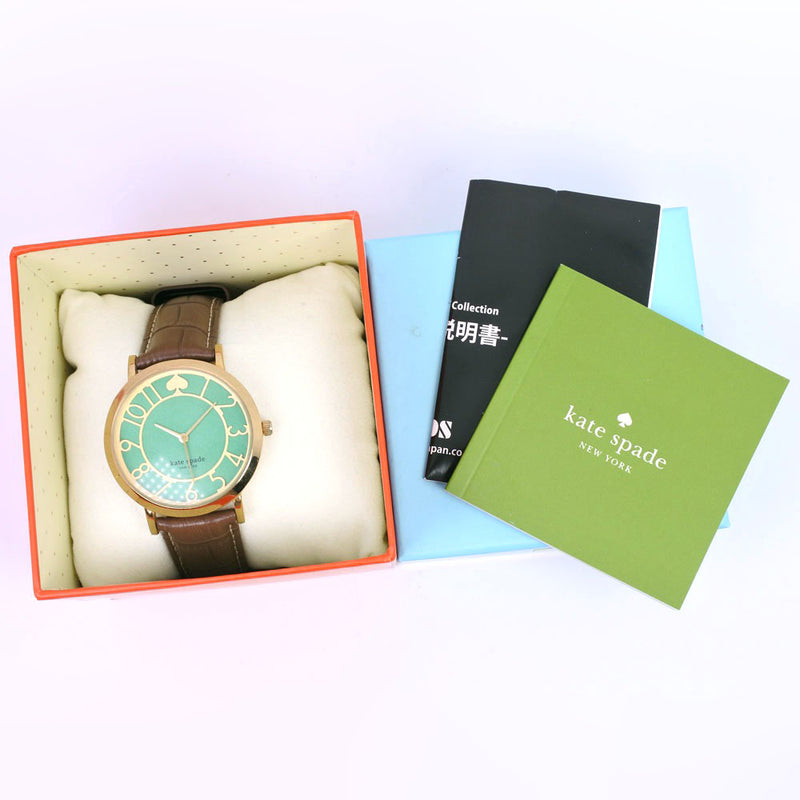 【Kate Spade】ケイトスペード
 腕時計
 ステンレススチール×レザー ゴールド クオーツ レディース 緑文字盤 腕時計
A-ランク