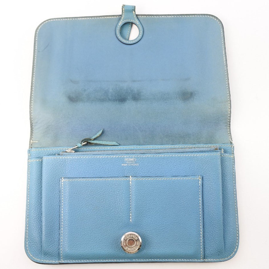 小物 Vintage Hermes Dogon Coin Purse Sky Blue HERMES] Hermes Dogon GM Toryon Lemance Light Blue □ H -engraved