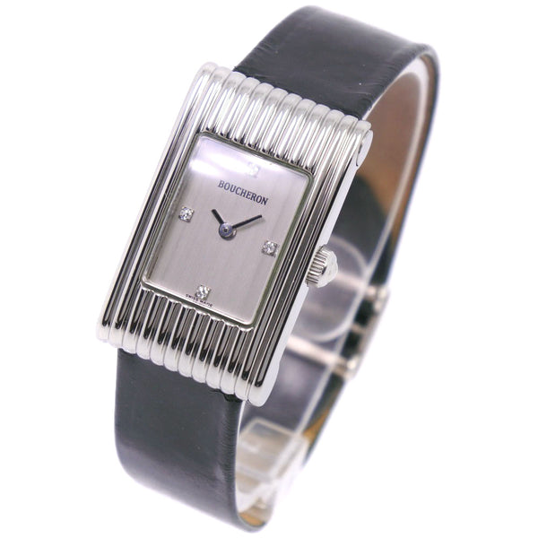 [Boucheron] Buscheron Reflation AH24898 Reloj de acero inoxidable x cuero de cuarzo negro damas reloj de marcación plateada