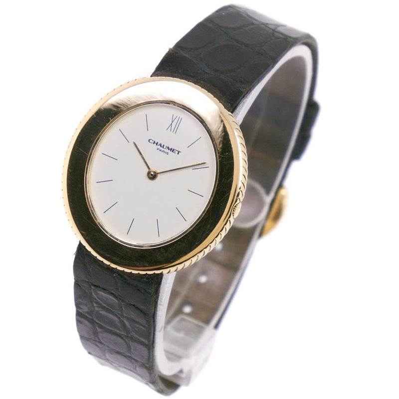 [Chaumet] Shome椭圆形手表K18黄金X皮革石英女士​​白色表盘手表