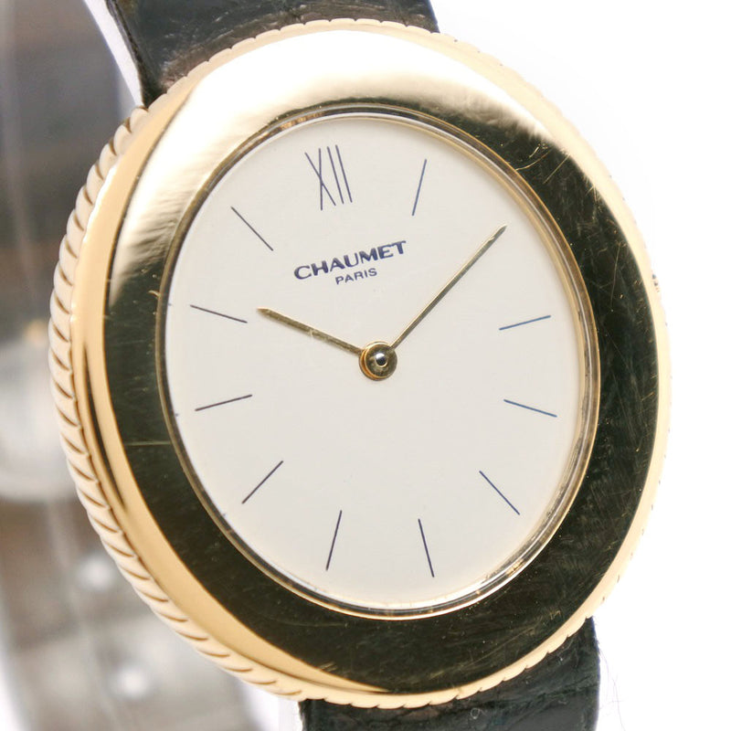 [Chaumet] Shome Oval Watch K18 옐로우 골드 x 가죽 쿼츠 여성 흰색 다이얼 다이얼 시계