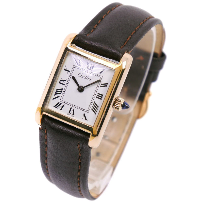 【CARTIER】カルティエ
 タンク 腕時計
 金メッキ×レザー 手巻き レディース 白文字盤 腕時計