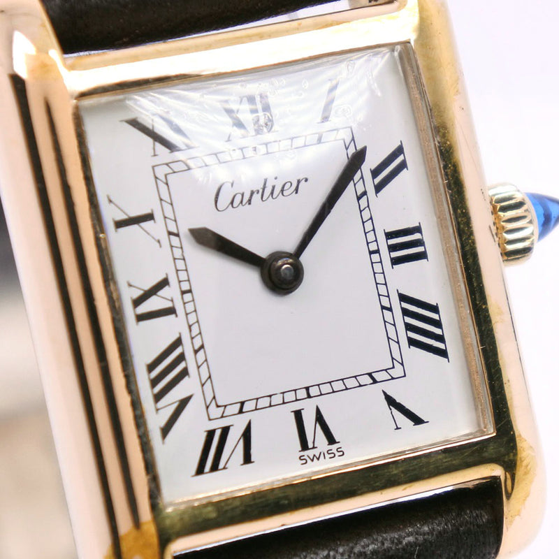 [Cartier] Cartier tank watch gold plating x Leather hand -rolled ladies white dial watch