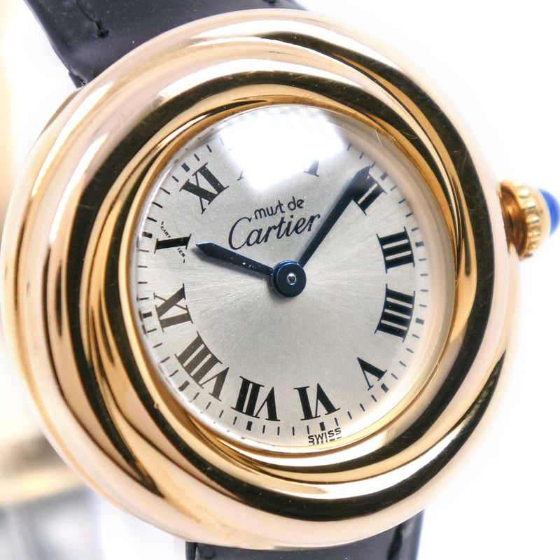 [Cartier]卡地亚桅杆三位一体Vermeille手表银925×皮革金石英女士银色表盘