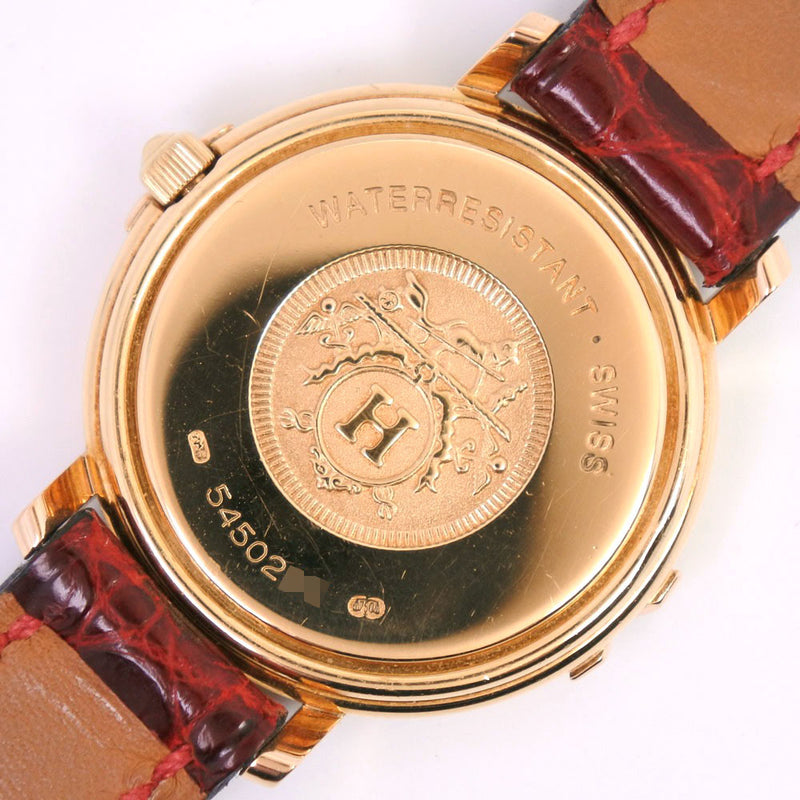 [Hermes] Hermes Luban Watch K18 옐로우 골드 × 가죽 × 다이아몬드 빨간색 〇W 조각 쿼츠 레이디스 화이트 다이얼 시계 A-Rank