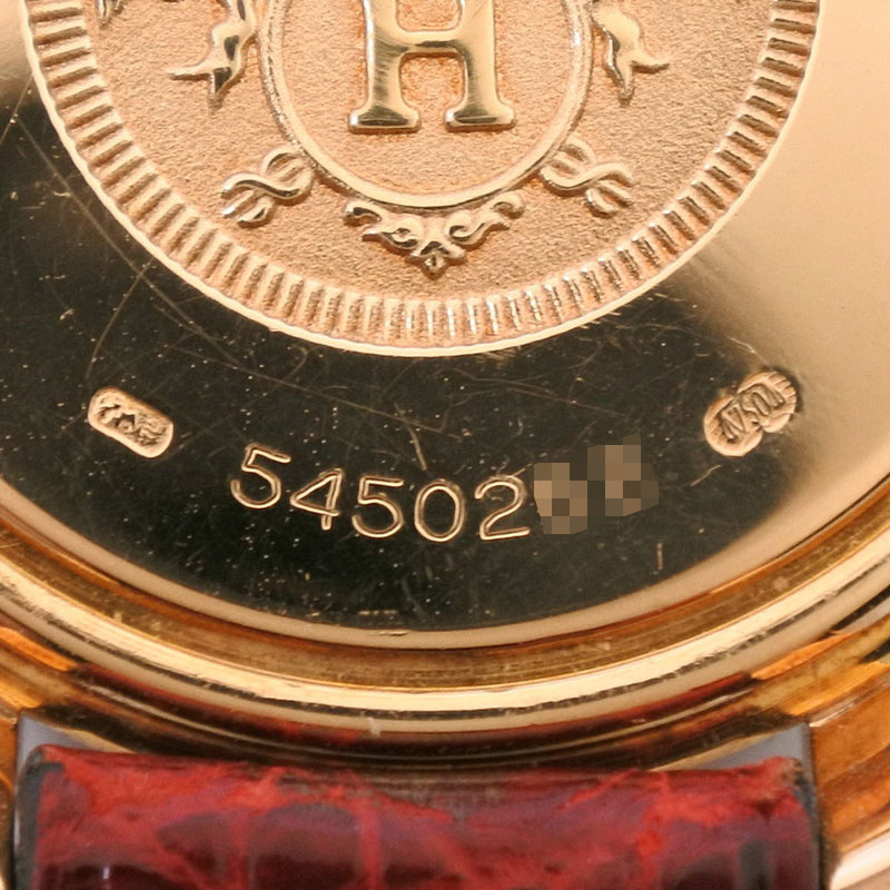 [HERMES] Hermes Luban Watch K18 Yellow Gold × Leather × Diamond Red 〇W engraving Quartz Ladies White Dial Watch A-Rank