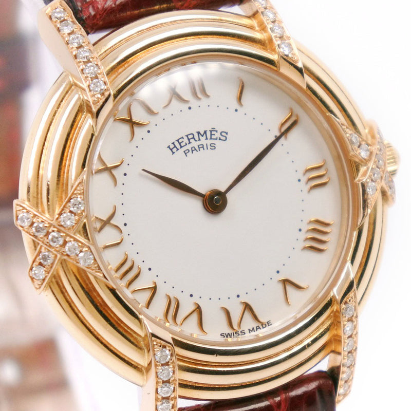 [HERMES] Hermes Luban Watch K18 Yellow Gold × Leather × Diamond Red 〇W engraving Quartz Ladies White Dial Watch A-Rank