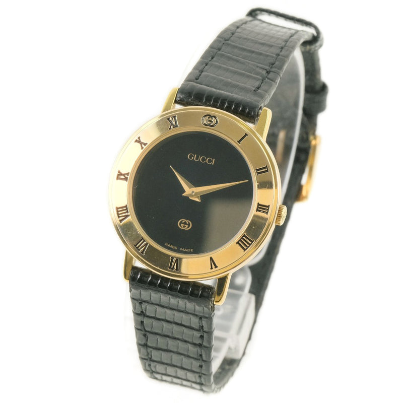 【GUCCI】グッチ
 3000L 腕時計
 ステンレススチール×レザー ゴールド クオーツ アナログ表示 レディース 黒文字盤 腕時計