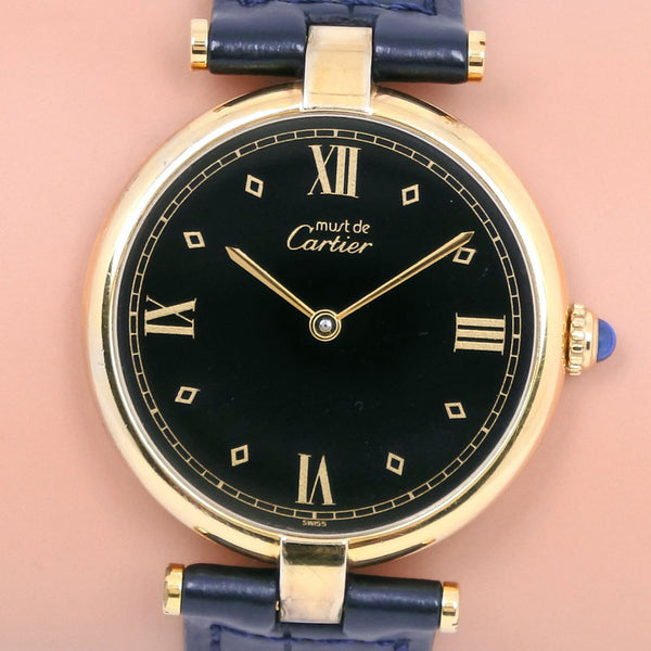 [까르띠에] Cartier Masu Vermille Silver 925 × 가죽 골드 쿼츠 아날로그 L 디스플레이 Boys Black Dial Watch A-Rank