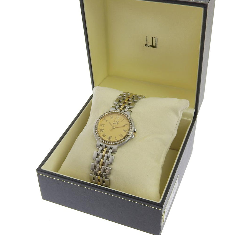 [DUNHILL] Dunhill Elite Diamond Besel Stainless Steel x Diamond Silver Quartz Analog L display Men Gold Dial Watch A-Rank