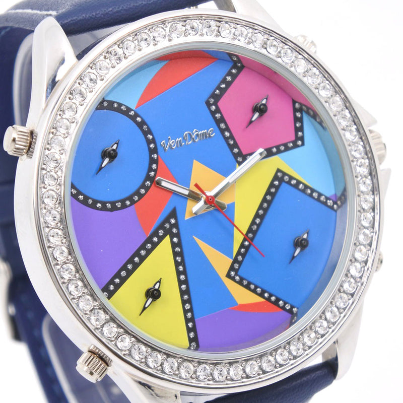 [Vandome] Vandome 5 회 Swarovski Crystal Watch 스테인레스 스틸 x 가죽 레드 쿼츠 유니세 된 다색 다이얼 시계 A-Rank