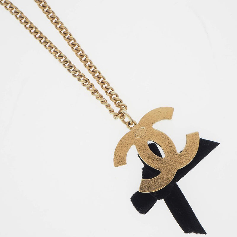 [CHANEL] Chanel Coco Mark Ribbon Gold Plated x Velor Gold 07C engraved ladies necklace