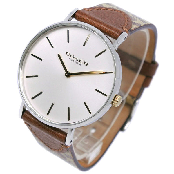 [COACH] Coach signature 14503121 Stainless steel x leather tea quartz analog display Ladies white dial watch A rank