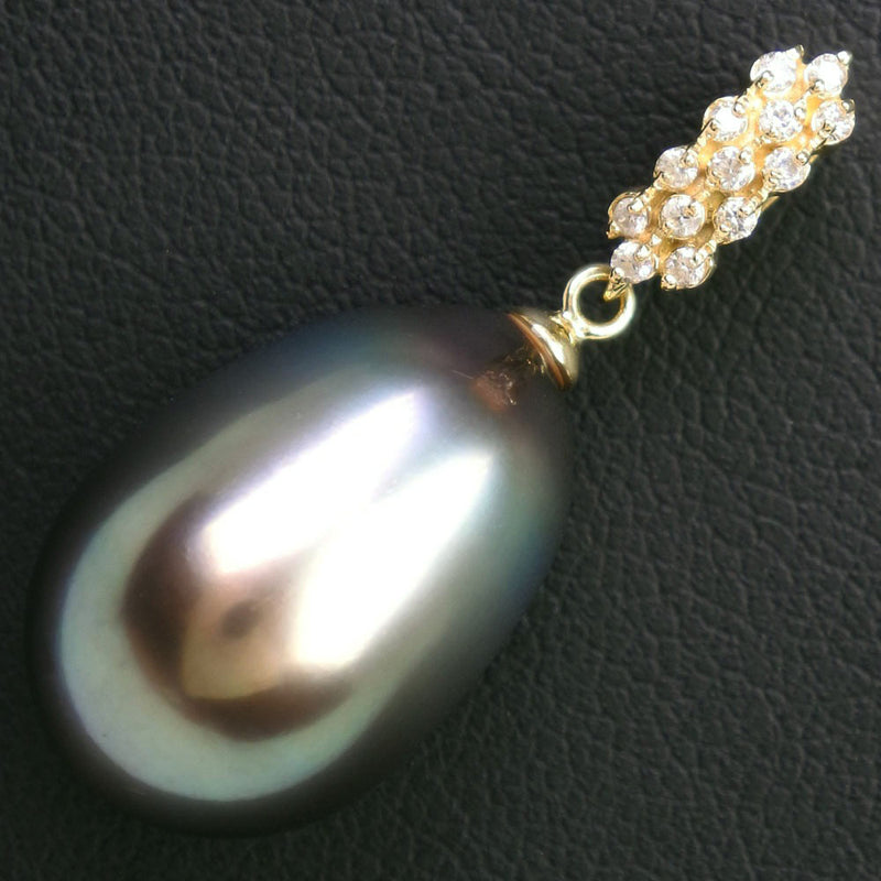 Pendant Top 12.0mm K18 Yellow Gold x Black Pearl (Black Butterfly Pearl) x Diamond 0.08 engraved ladies