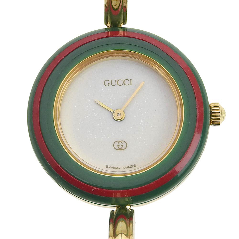 【GUCCI】グッチ, チェンジベゼル 1100-L 金メッキ ゴールド クオーツ アナログ表示 レディース 白文字盤 腕時計