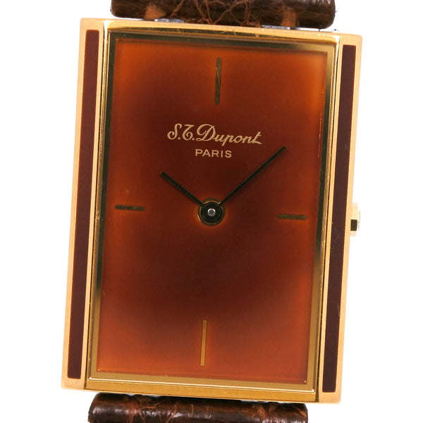 【Dupont】デュポン
 都彭 漆デザイン ヴィンテージ SN82DAK82 金メッキ×レザー ゴールド クオーツ アナログ表示 メンズ ブラウン文字盤 腕時計