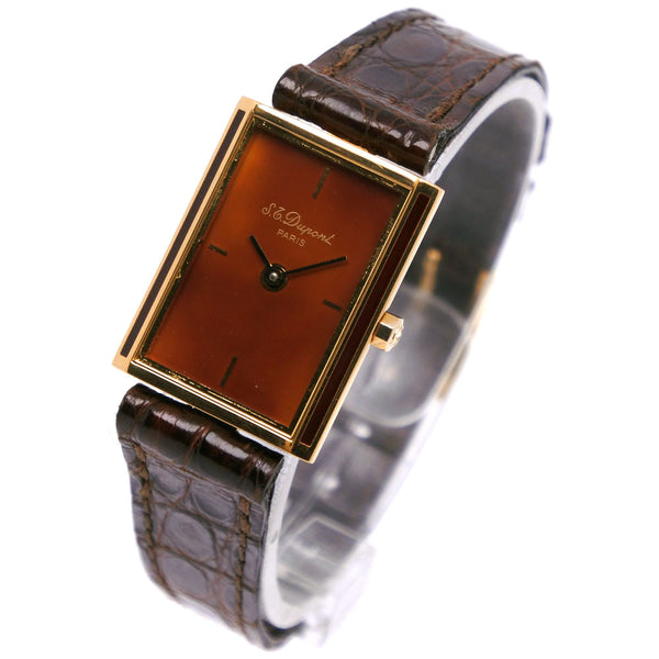 【Dupont】デュポン
 都彭 漆デザイン ヴィンテージ 金メッキ×レザー ゴールド クオーツ アナログ表示 レディース ブラウン文字盤 腕時計