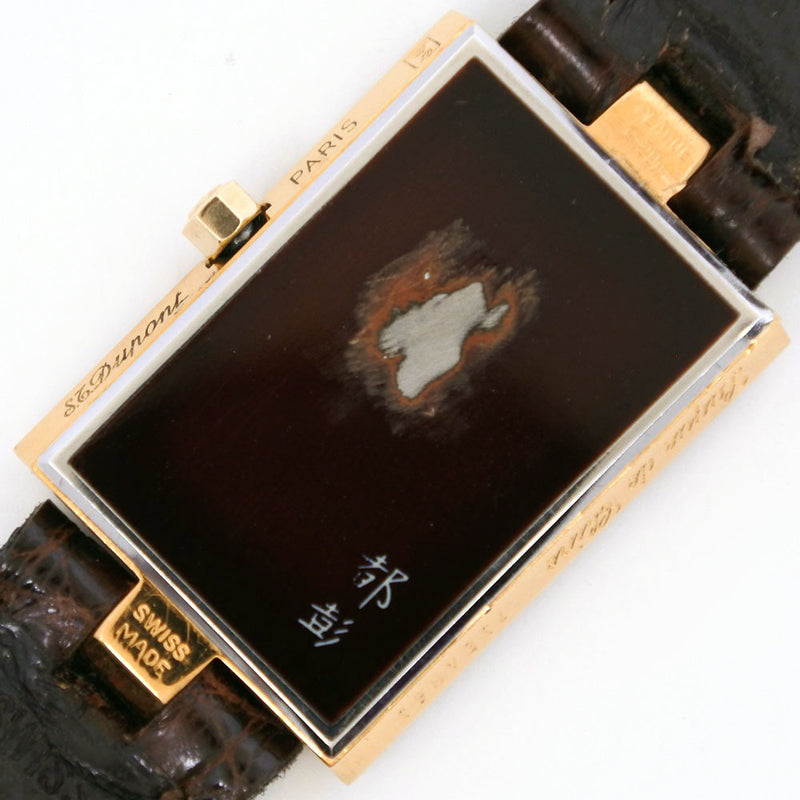 【Dupont】デュポン
 都彭 漆デザイン ヴィンテージ 金メッキ×レザー ゴールド クオーツ アナログ表示 レディース ブラウン文字盤 腕時計