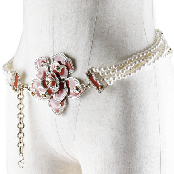[瓦伦蒂诺]瓦伦蒂诺链腰带花朵玫瑰金属x假珍珠红色女士皮带A级