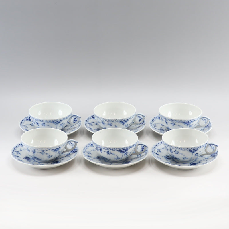 [Royal Copenhague] Royal Copenhague Blue Culled Half Lace Tea Cup & Saucer × 6 Porcelana _ Vigera A-Rank