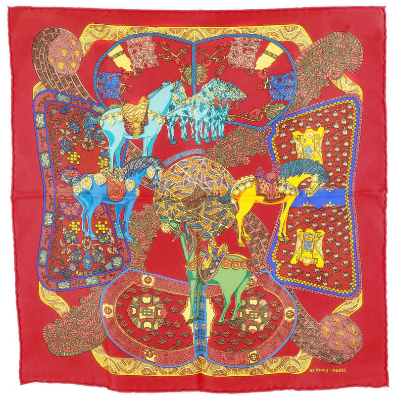 【HERMES】エルメス
 カレ45 ART des STEPPES ステップ美術 シルク 赤 レディース スカーフ
A+ランク
