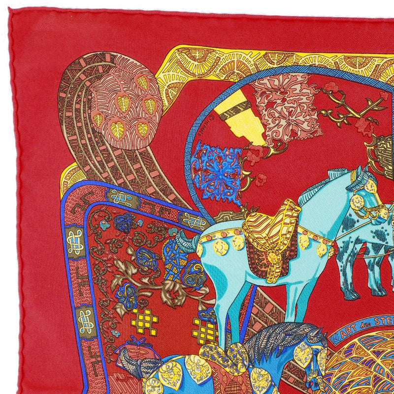 【HERMES】エルメス
 カレ45 ART des STEPPES ステップ美術 シルク 赤 レディース スカーフ
A+ランク