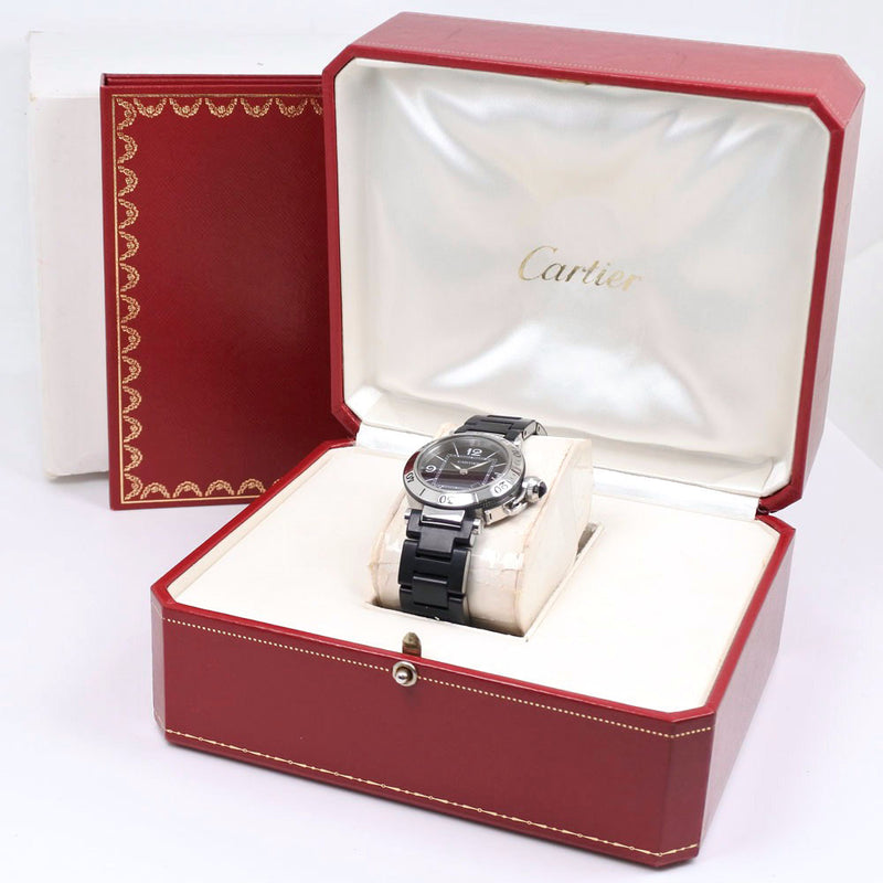 【CARTIER】カルティエ
 パシャ シータイマー W3140003 腕時計
 ステンレススチール×ラバー 黒 クオーツ アナログ表示 レディース 黒文字盤 腕時計