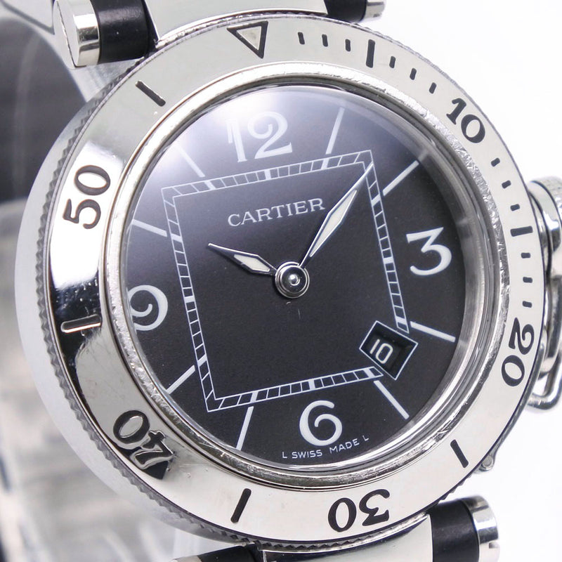 【CARTIER】カルティエ
 パシャ シータイマー W3140003 腕時計
 ステンレススチール×ラバー 黒 クオーツ アナログ表示 レディース 黒文字盤 腕時計